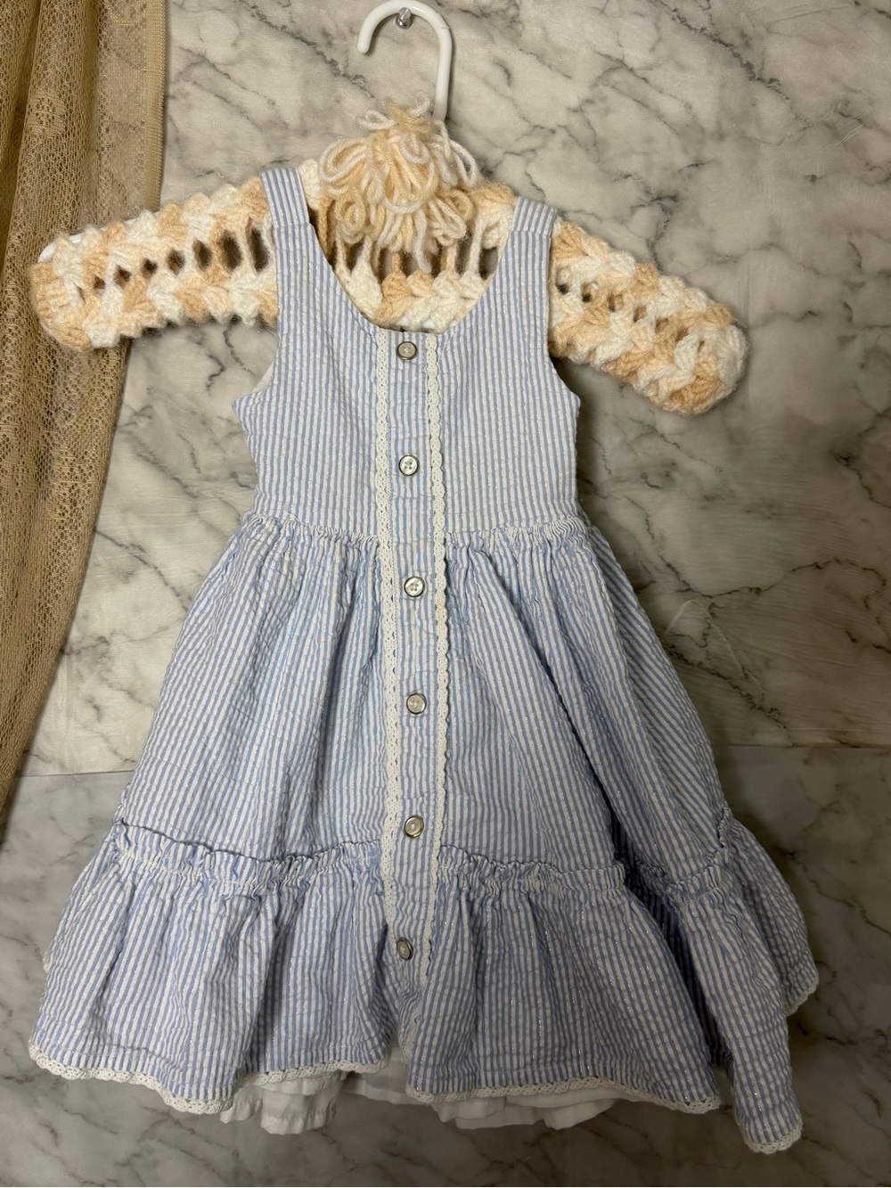 Tahari Girls 3T Blue White Sparkle Seersucker Striped Tiered Bow Dress Adorable